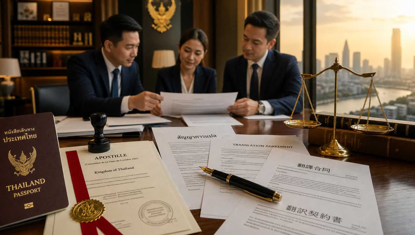 ทีมทนายความและนักแปลของ NYC Legal & Notary Service กำลังตรวจสอบเอกสาร Apostille, หนังสือเดินทางไทย, สัญญาแปลหลายภาษา (ไทย, อังกฤษ, จีน, ญี่ปุ่น) ในสำนักงานย่านกรุงเทพฯ พร้อมตราชั่งแห่งความยุติธรรมและตราประทับ Notary Public